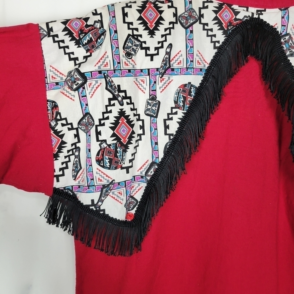 Vintage Wagon Wheels Red Western Rodeo Fringe Button Up Shirt - Picture 4 of 9